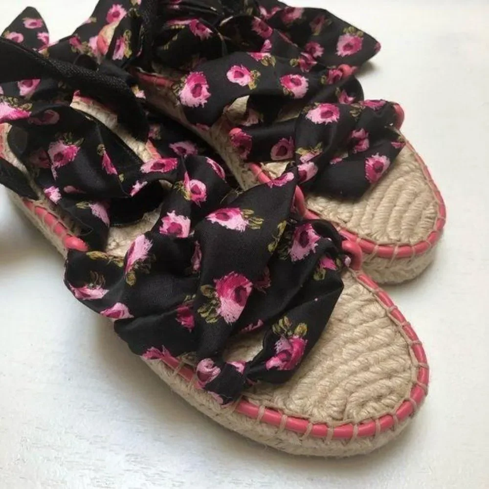 Prada Rose-Print Wraparound Platform Espadrille Sandals EU 37